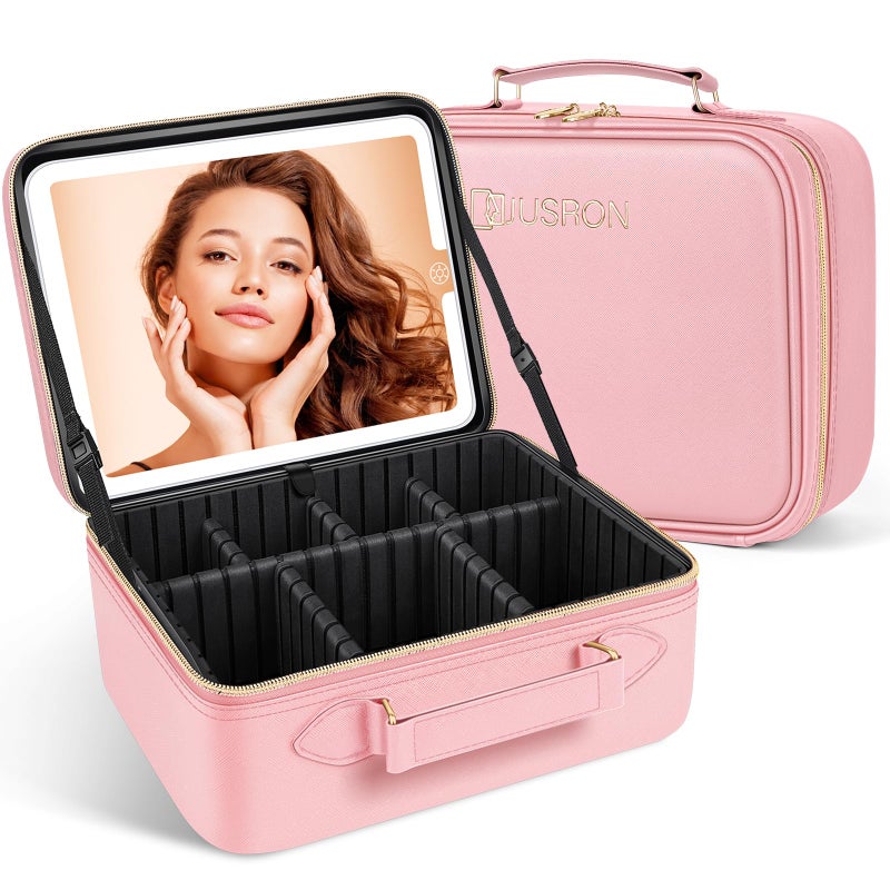 JUSRON Travel Makeup Bag With LED Mirror Train Case with Light up Mirror Portable Makeup Artist Organizer Bag with Adjustable Dividers Makeup Brush Holder Storage Pink Large